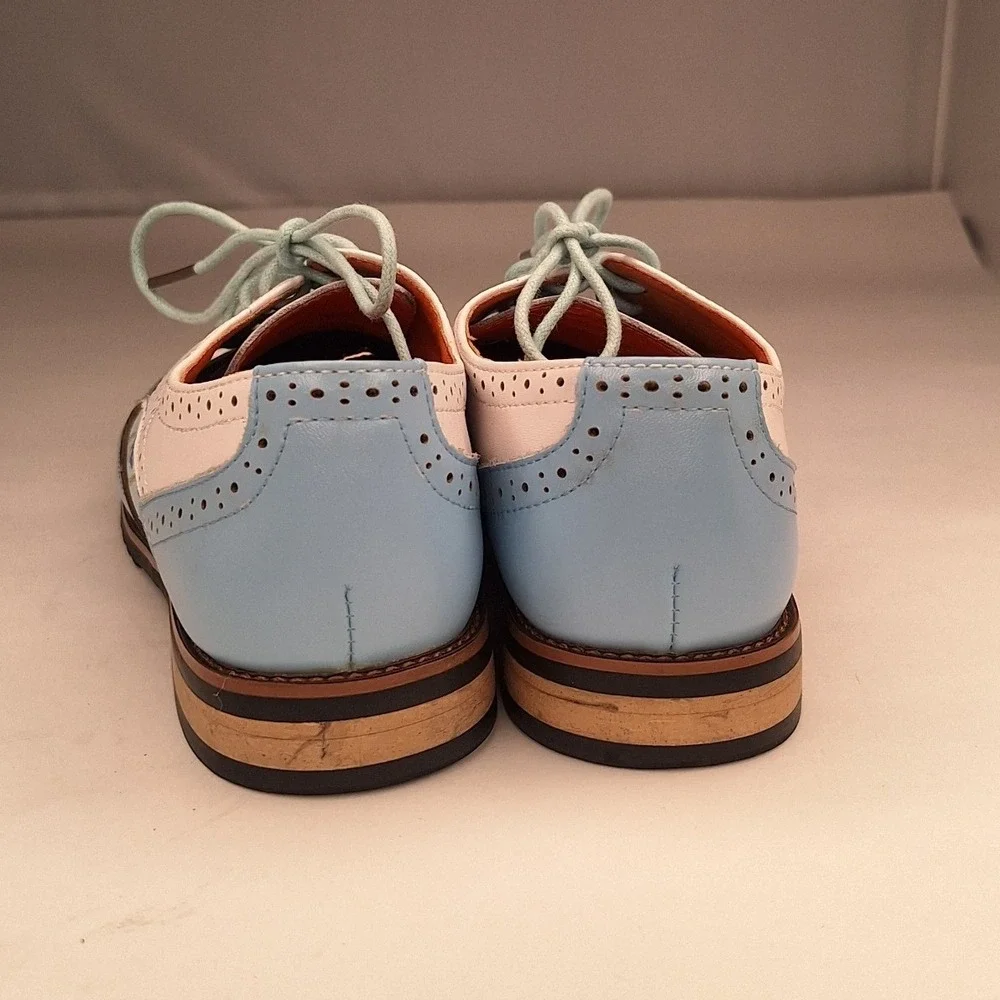 Floral Wingtip Oxford Shoes Pastel Blue White Leather Brogue Lace Up Size 36